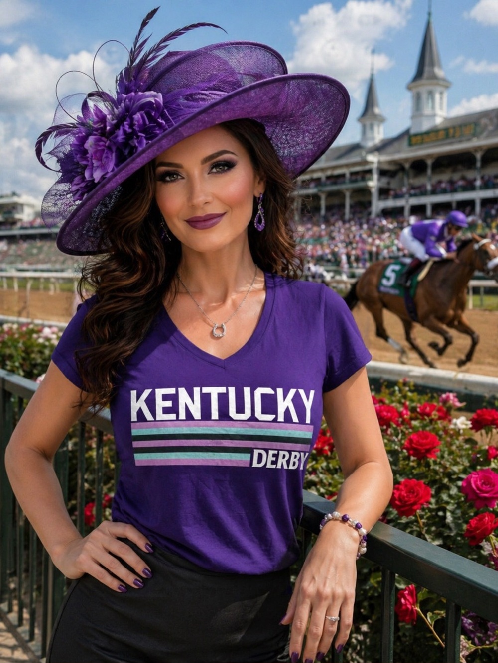 Kentucky Derby Women’s Purple V-neck Graphic Tee Shirt Size L NWT